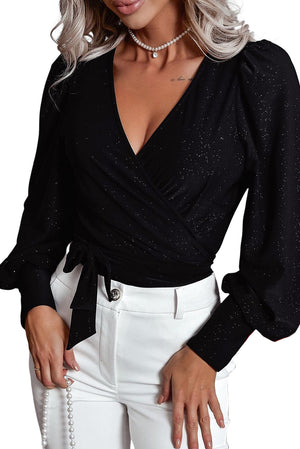 - Glitter Wrap V Neck Tie Hem Puff Sleeve Blouse - womens blouse at TFC&H Co.