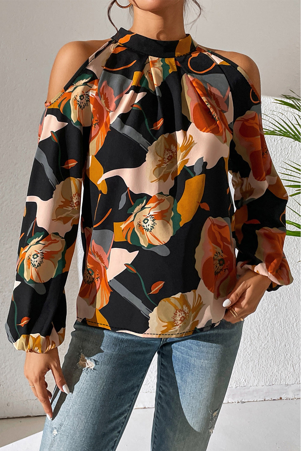 Black 100%Polyester - Floral Print Cold Shoulder Lantern Sleeve Blouse - womens blouse at TFC&H Co.