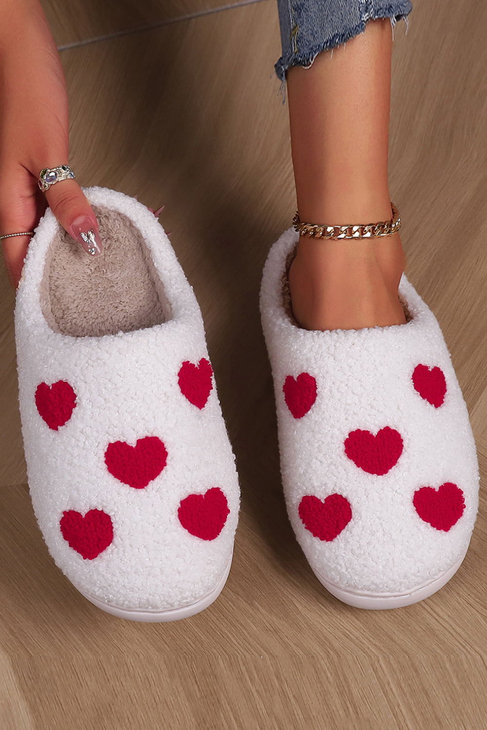 White - White Valentines Day Hearts Print Plush Slippers - womens slippers at TFC&H Co.