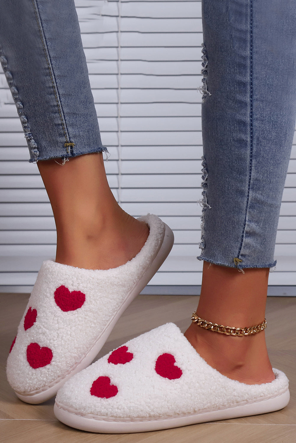 - White Valentines Day Hearts Print Plush Slippers - womens slippers at TFC&H Co.