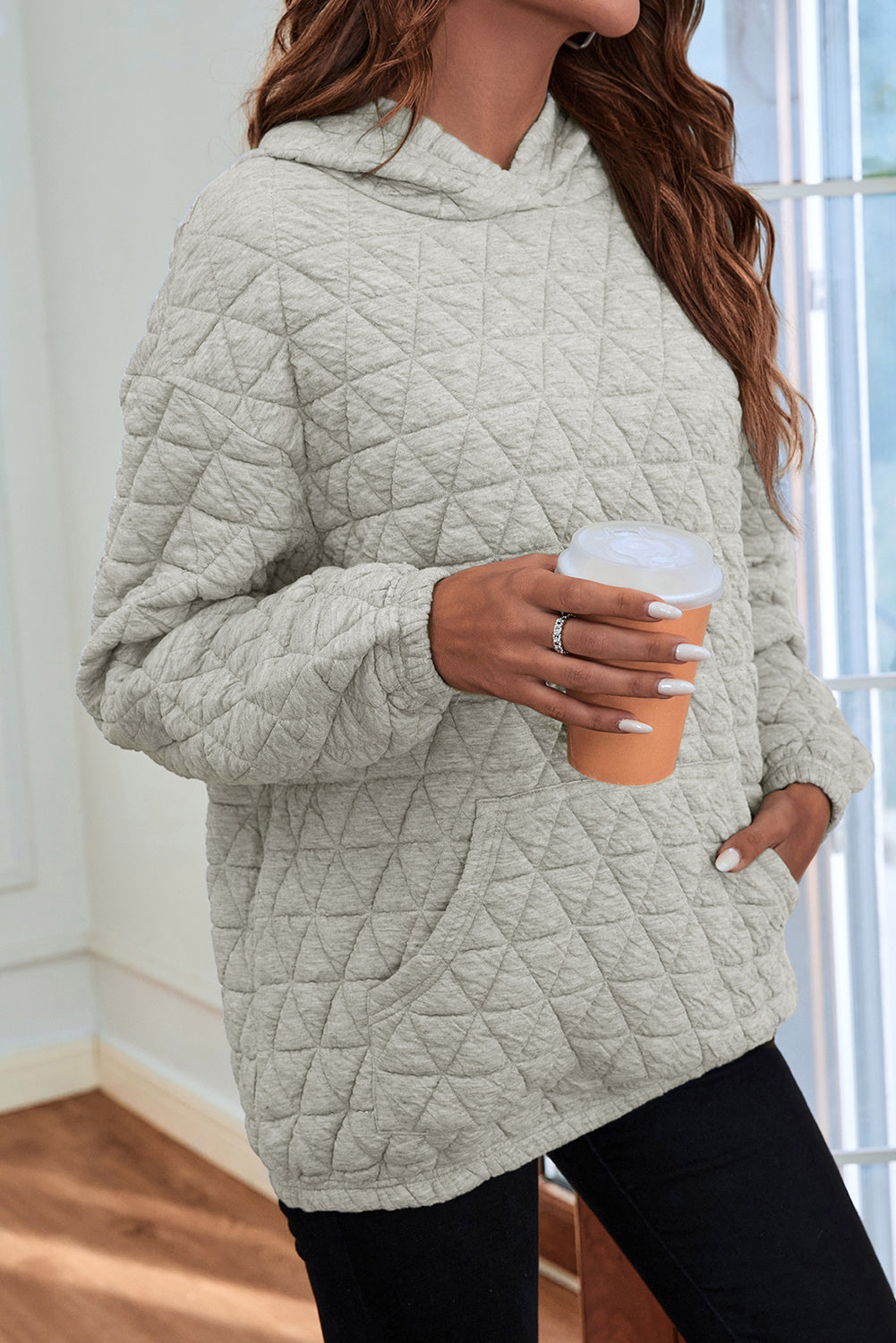Light Grey/Hoodie 95%Polyester+5%Elastane - Solid Quilted Pullover and Pants Outfit Set, Shirt, or Hoodie- various colors - womens pants set at TFC&H Co.