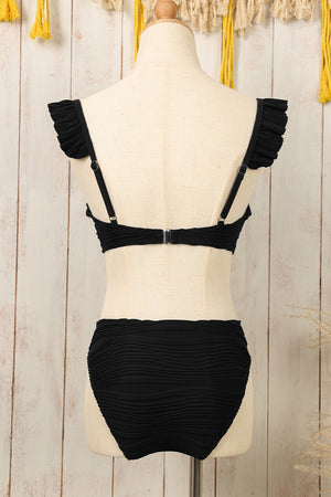 - Black Wavy Textured Ruffled Straps Twist Bikini Swimsuit - womens bikini set at TFC&H Co.