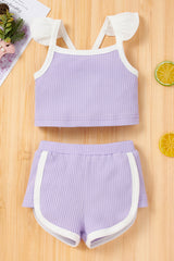 LAVENDER - Baby Girl Contrast Trim Ribbed Cami and Shorts Set - baby & toddlers short set at TFC&H Co.