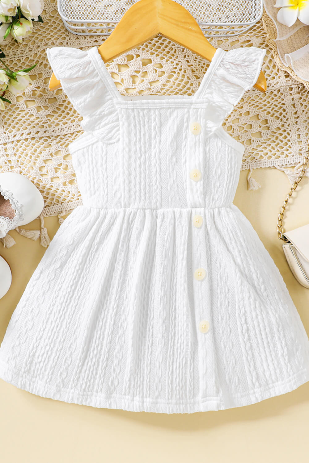 WHITE - Baby Girl Decorative Button Ruffle Shoulder Textured Dress - baby dress at TFC&H Co.