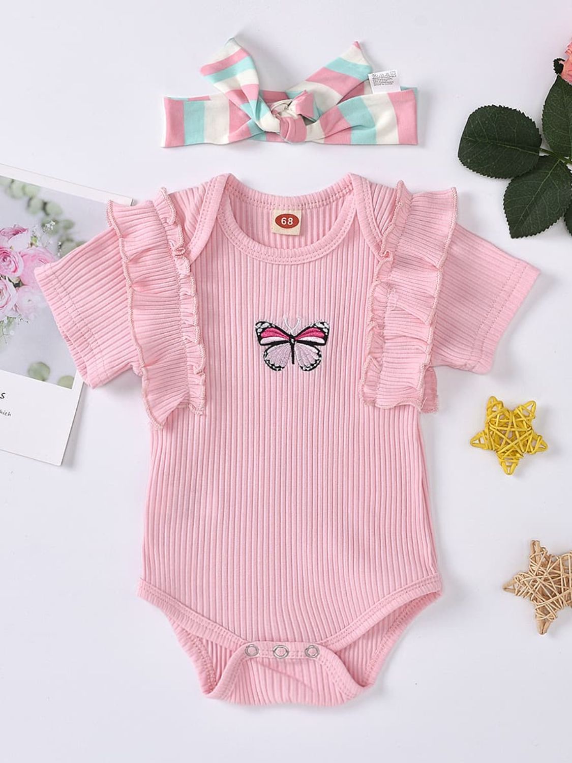 BLUSH PINK - Baby Girl Embroidered Butterfly Graphic Ruffled Bodysuit & Headban - infant onesie at TFC&H Co.