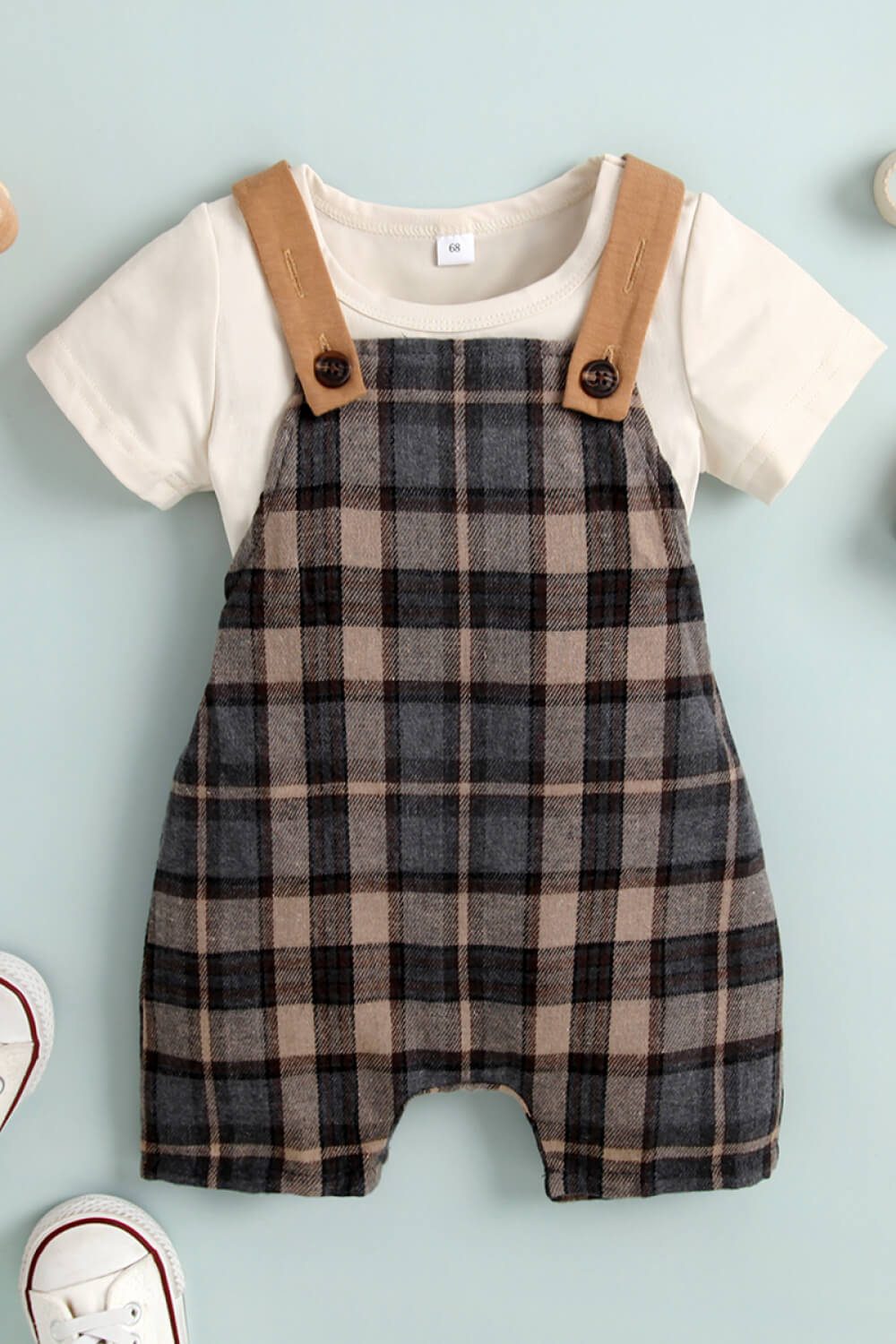 - Baby Round Neck Tee and Plaid Overalls Set - baby pants set at TFC&H Co.