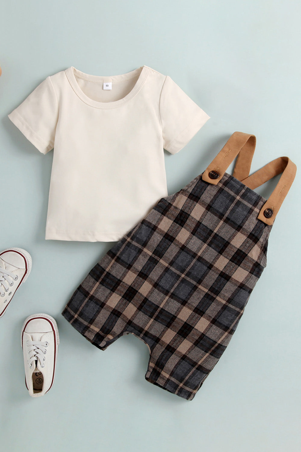 PLAID - Baby Round Neck Tee and Plaid Overalls Set - baby pants set at TFC&H Co.