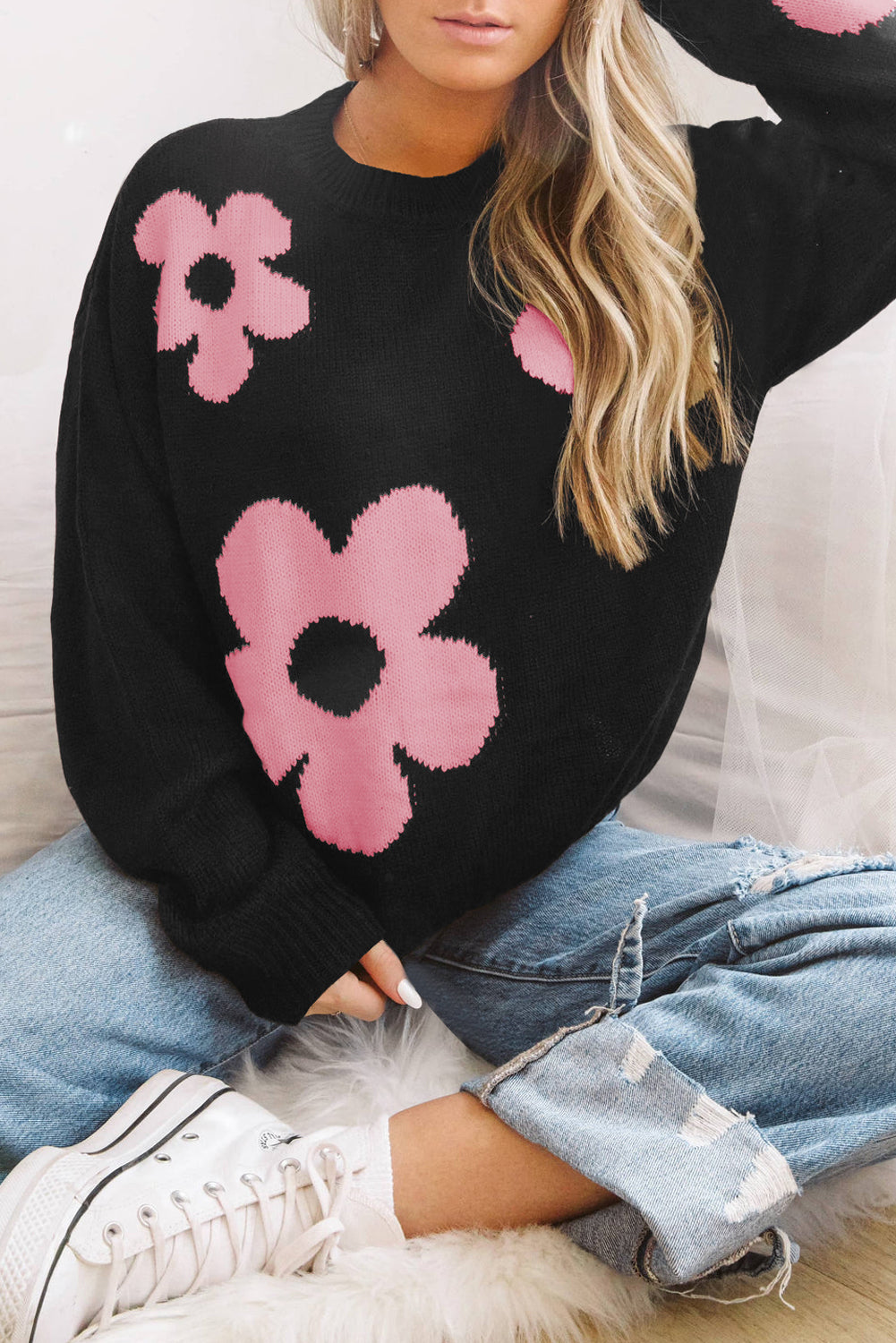 Multicolor 50%Viscose+28%Polyester+22%Polyamide - Big Flower Pattern Women's Drop Shoulder Sweater - womens sweater at TFC&H Co.
