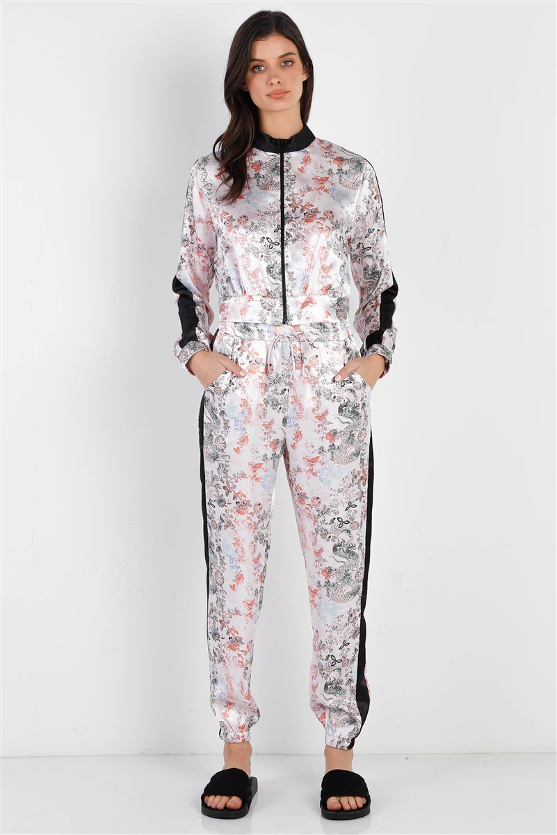 L - Black Contrast Satin Effect Multi Color Print Zip-up Jacket & Pants Outfit Set - womens pants set at TFC&H Co.