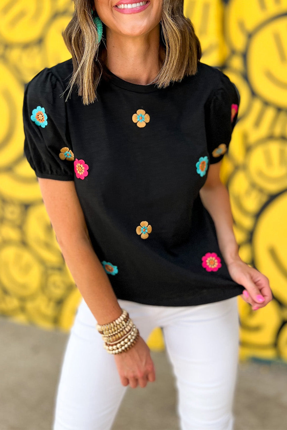 BLACK 95%COTTON+5%ELASTANE - Embroidered Flower Short Puff Sleeve Tee - womens t-shirt at TFC&H Co.