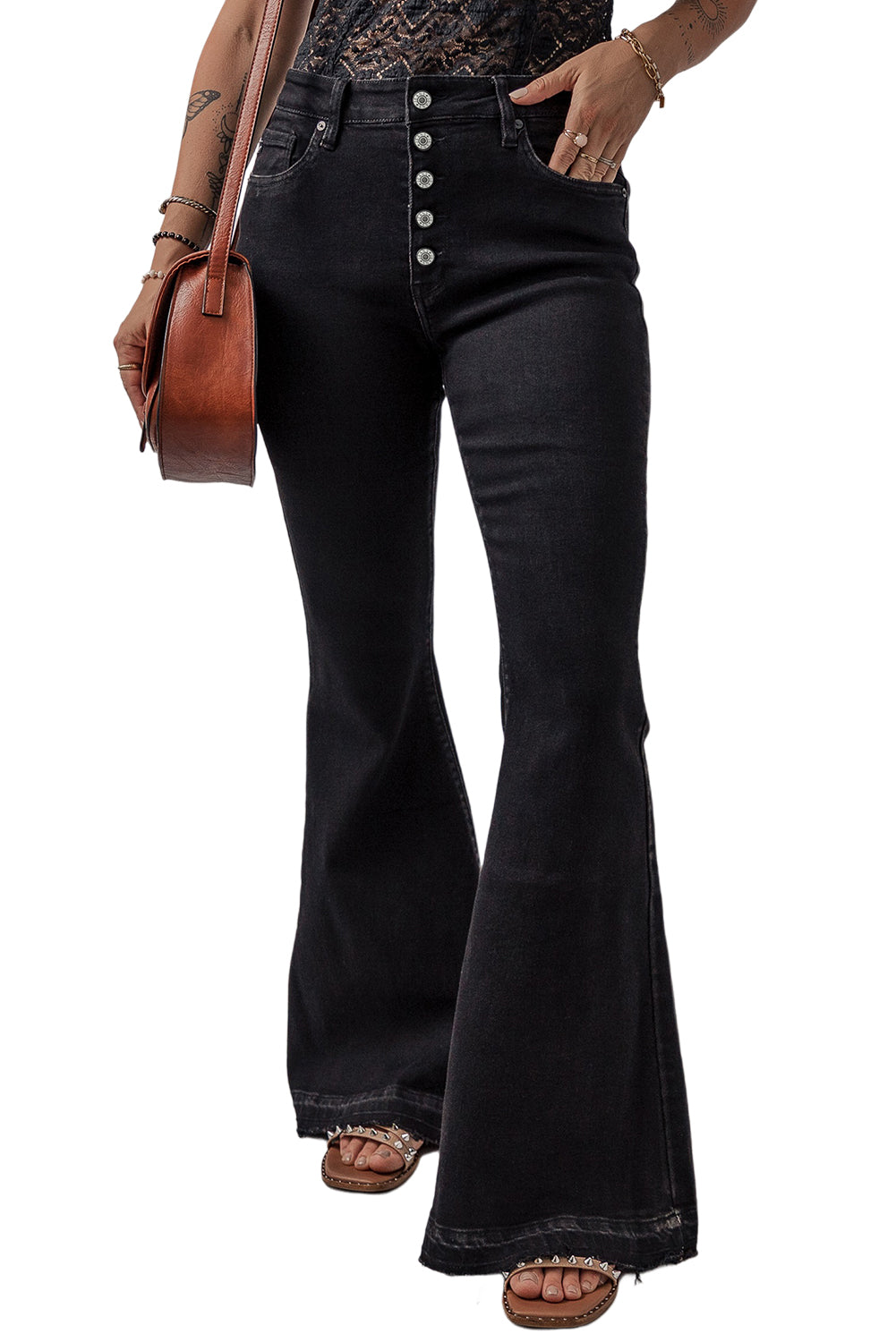 - Black High Waist Button Front Women's Flare Jeans - womens jeans at TFC&H Co.