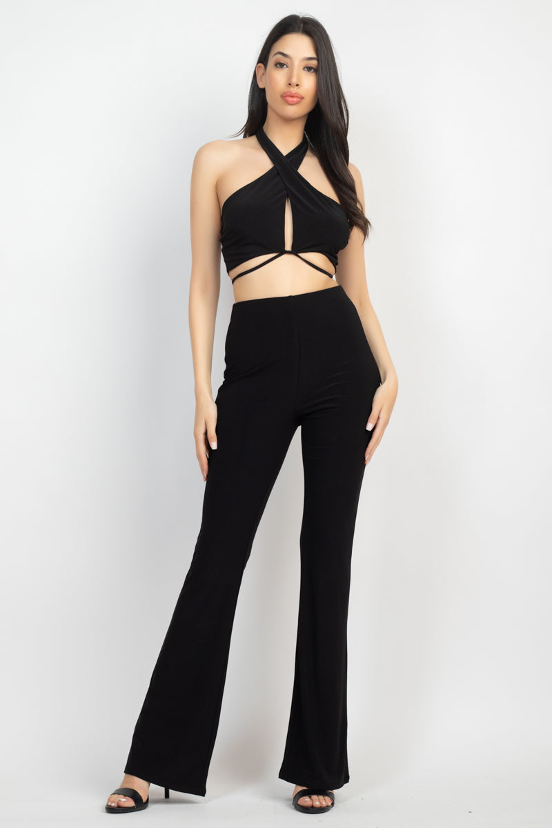 - Black Solid Halter Top And Elastic Leggings Set - Ships from The USA - womens pants set at TFC&H Co.