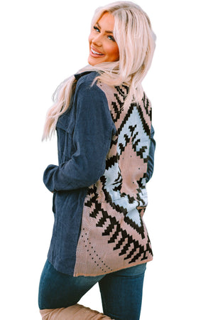 - Blue Corduroy Cinched Aztec Back Shacket - womens shacket at TFC&H Co.