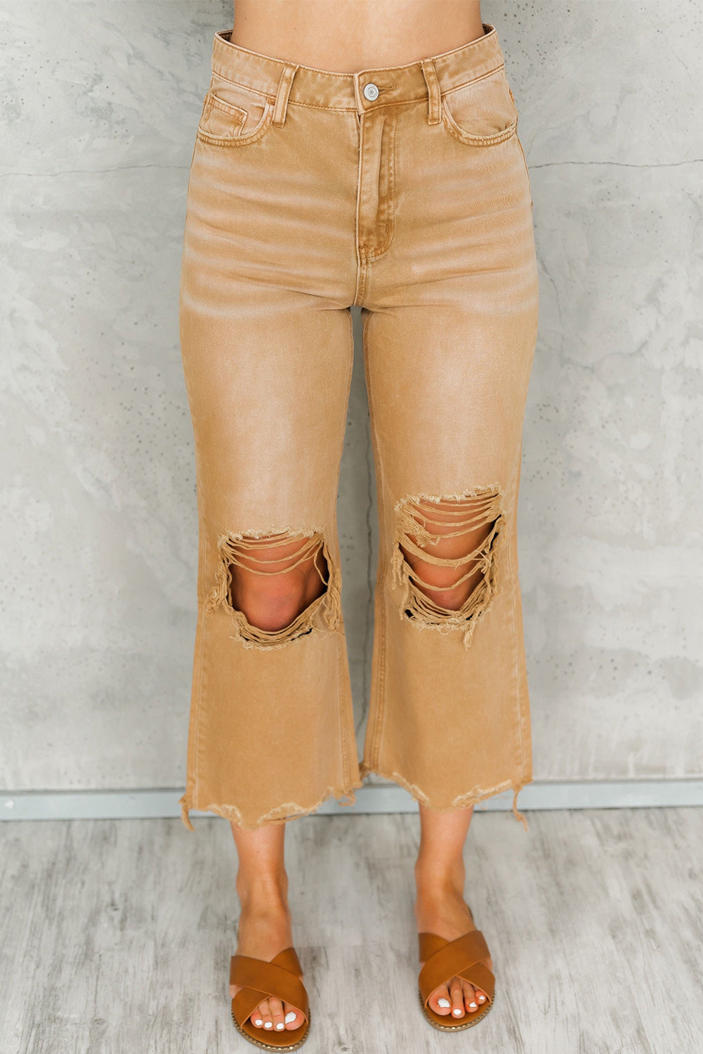 - Brown Distressed Hollow-out High Waist Cropped Flare Jeans - womens jeans at TFC&H Co.