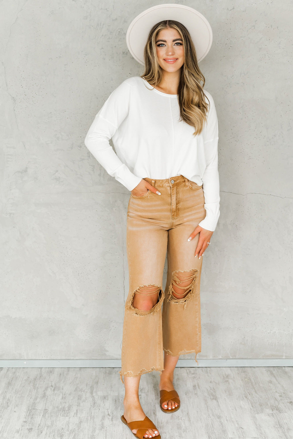 - Brown Distressed Hollow-out High Waist Cropped Flare Jeans - womens jeans at TFC&H Co.