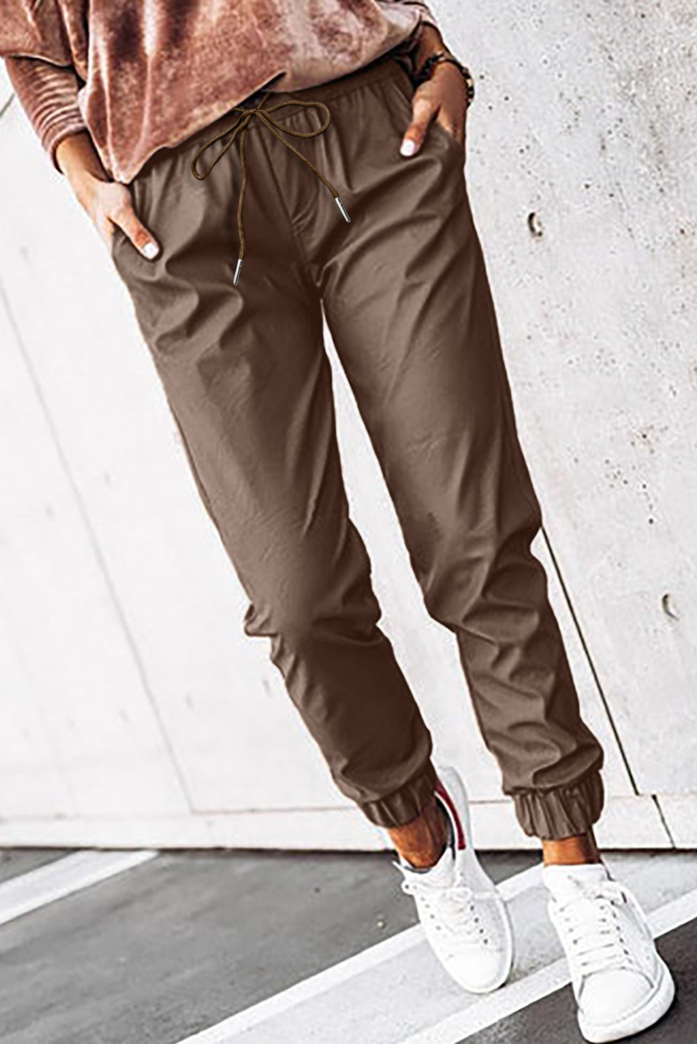 - Brown Leather Tie Waist Jogger Pants - womens pants at TFC&H Co.