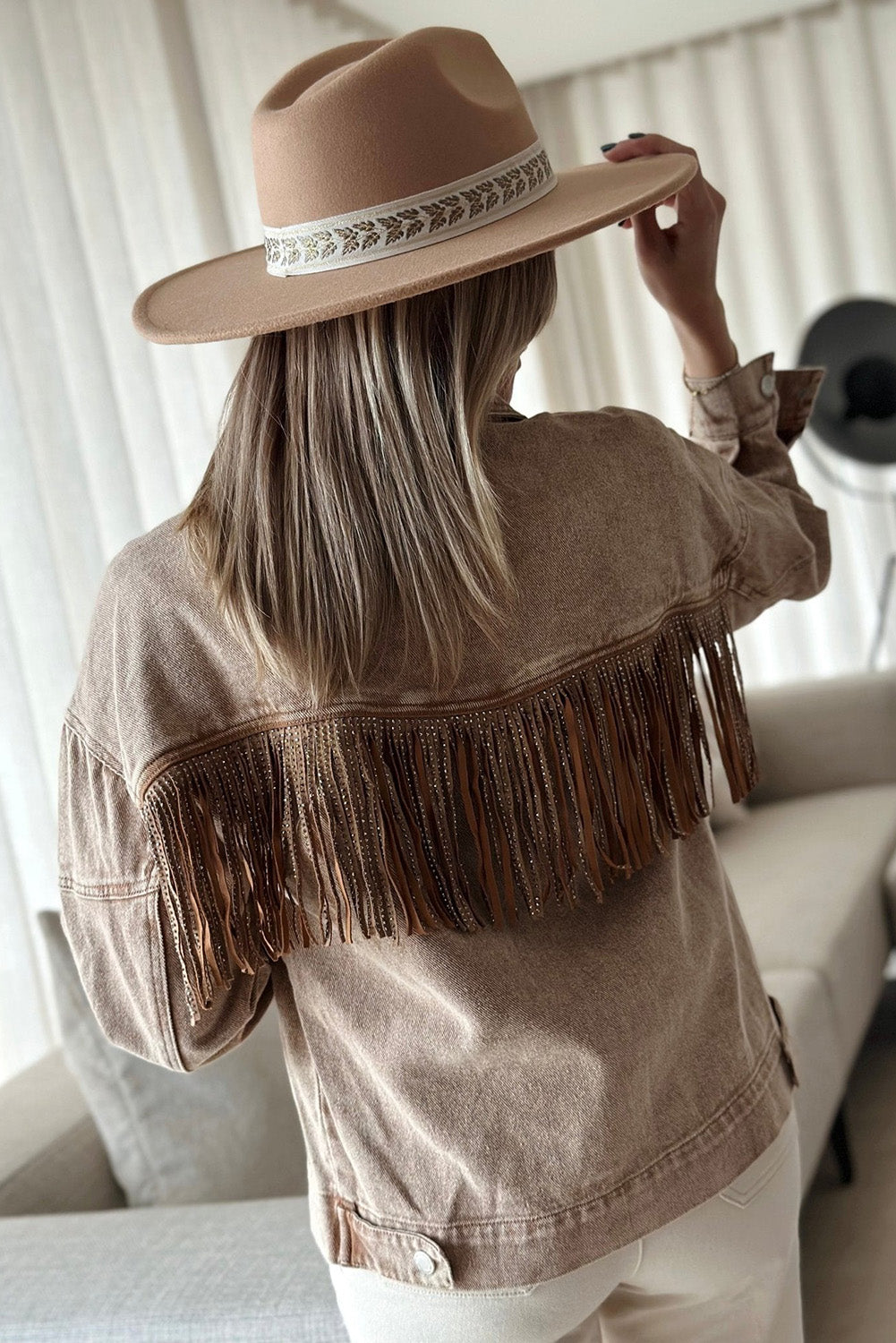 - Brown Rhinestone Fringed Cowgirl Fashion Denim Jacket - womens jacket at TFC&H Co.