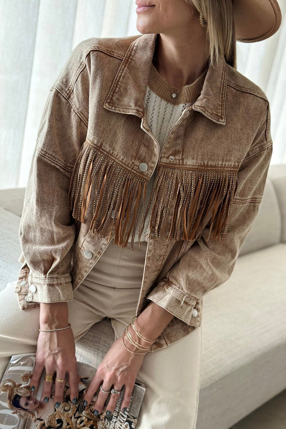 Brown 70%Cotton+30%polyester - Brown Rhinestone Fringed Cowgirl Fashion Denim Jacket - womens jacket at TFC&H Co.