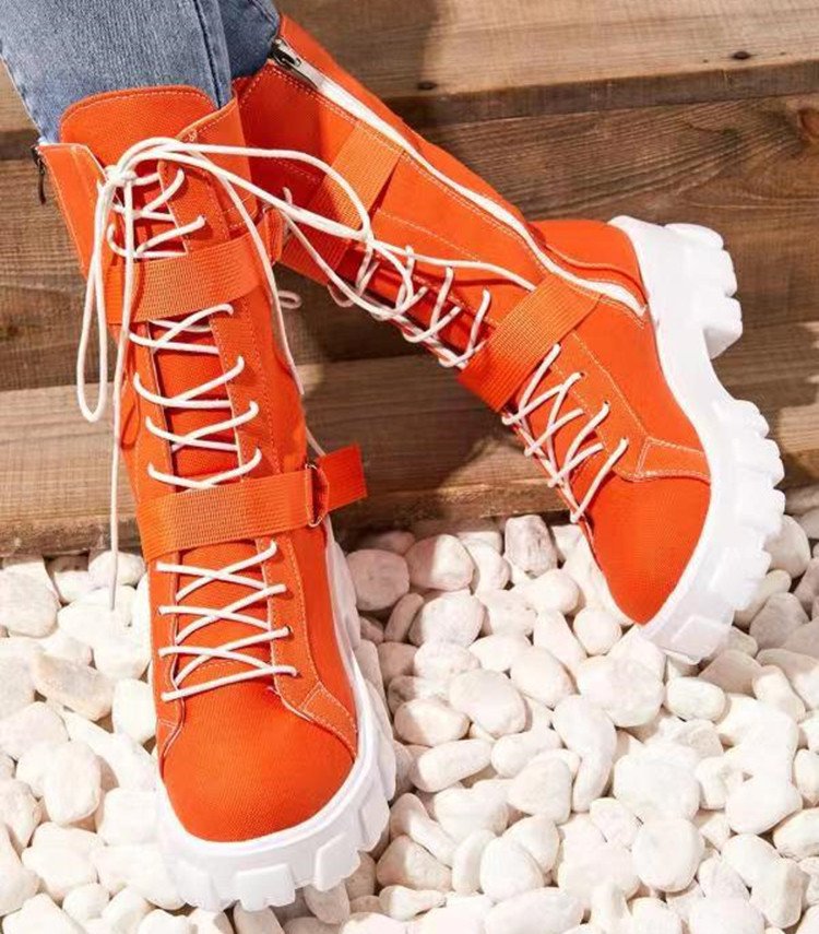 Orange - Buckle Lace-up Platform Boots for Women - womens boot at TFC&H Co.