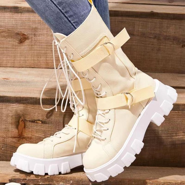 Beige - Buckle Lace-up Platform Boots for Women - womens boot at TFC&H Co.