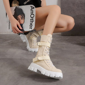 Beige - Buckle Lace-up Platform Boots for Women - womens boot at TFC&H Co.