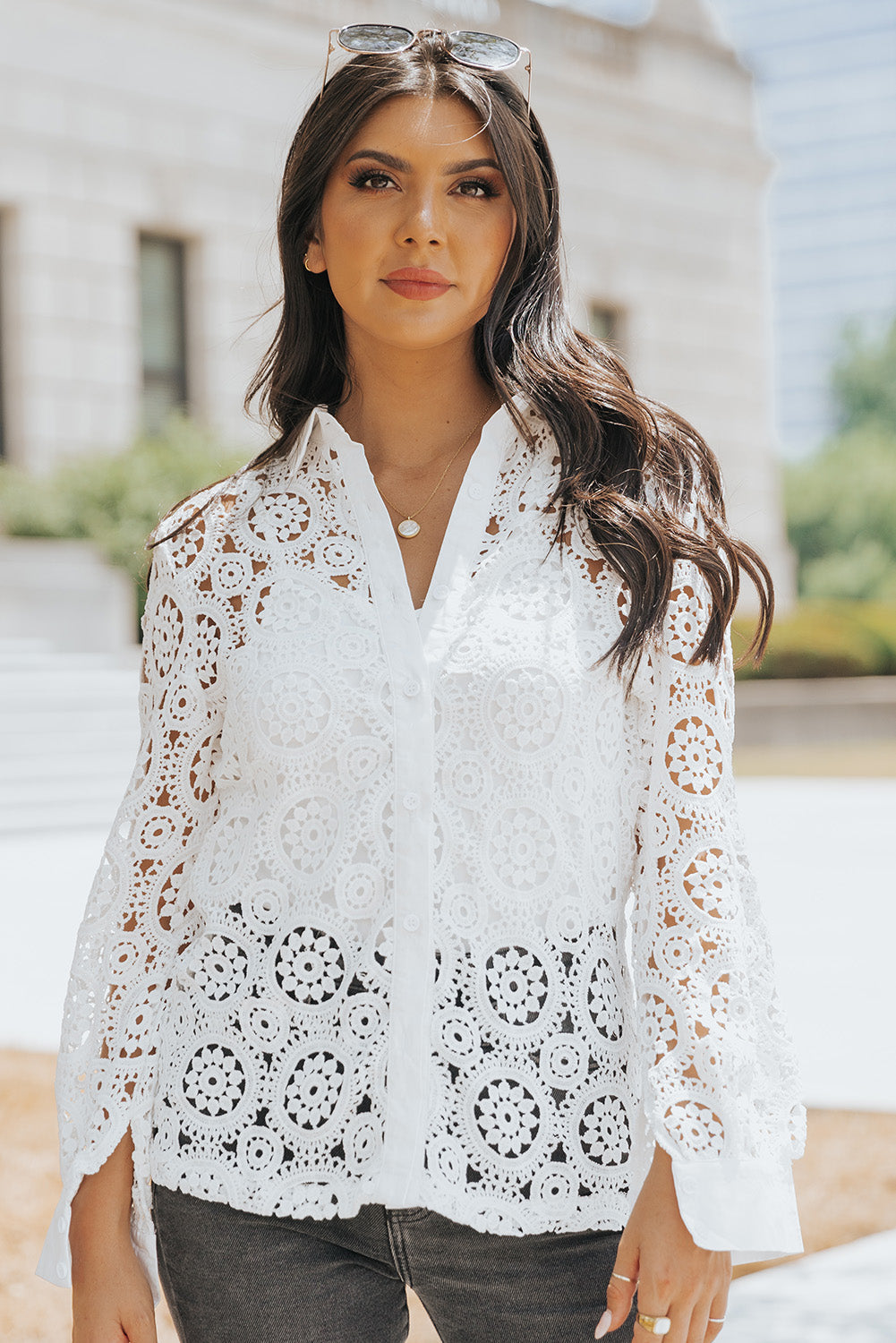 WHITE - Button-Up Lace Collared Shirt - womens button-up shirt at TFC&H Co.