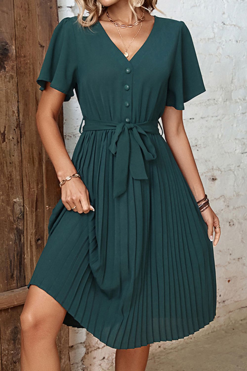 FOREST - Buttoned V-Neck Flutter Sleeve Pleated Dress - womens dress at TFC&H Co.