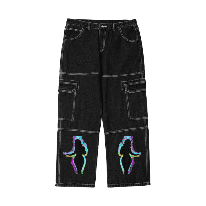 BLACK - Buxom (Black)Streetwear Unisex Pockets Wide-Legged Straight Cut Denim Jeans - unisex jeans at TFC&H Co.