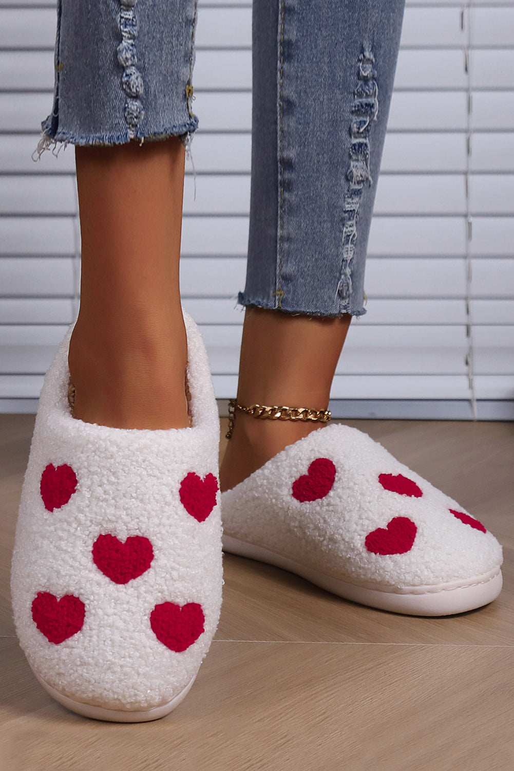 - White Valentines Day Hearts Print Plush Slippers - womens slippers at TFC&H Co.