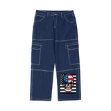 BLUE - Skull Flag Streetwear Men's Pockets Wide-Legged Straight Cut Denim Jeans (Blue) - mens jeans at TFC&H Co.