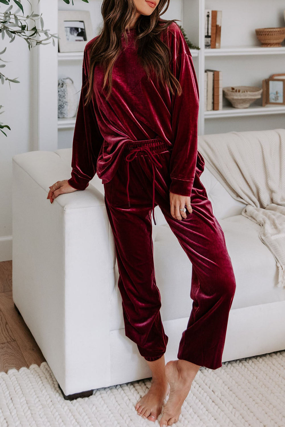 Red - Red Solid Velvet Round Neck Top & Drawstring Pants Longe Set - womens loungewear at TFC&H Co.