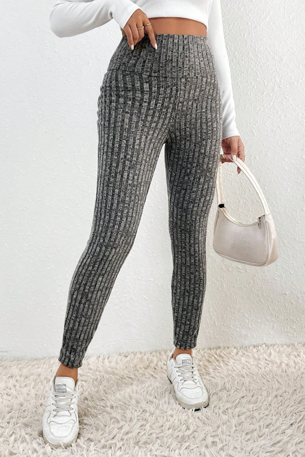 Gray 95%Polyester+5%Elastane - Wide Waistband Ribbed Textured Women's Knit Leggings - womens leggings at TFC&H Co.