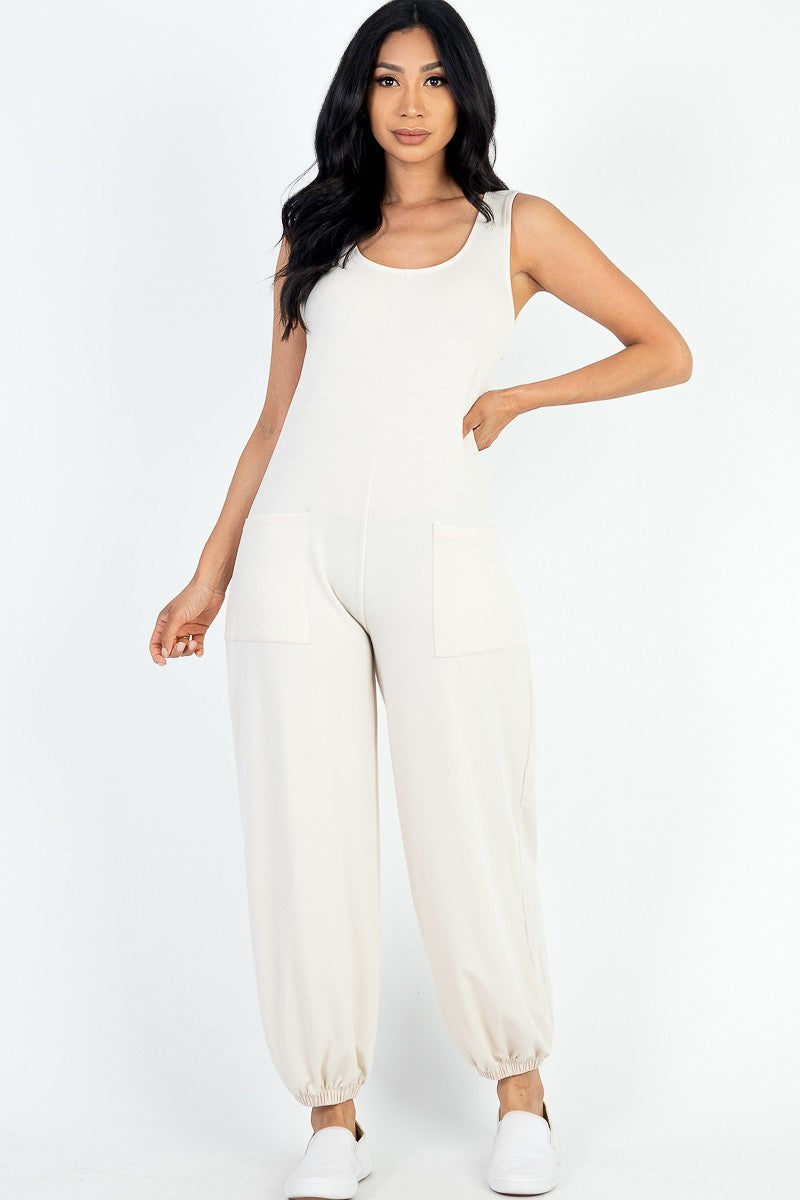 Beige - Casual Solid French Terry Sleeveless Scoop Neck Front Pocket Jumpsuit - womens jumpsuit at TFC&H Co.