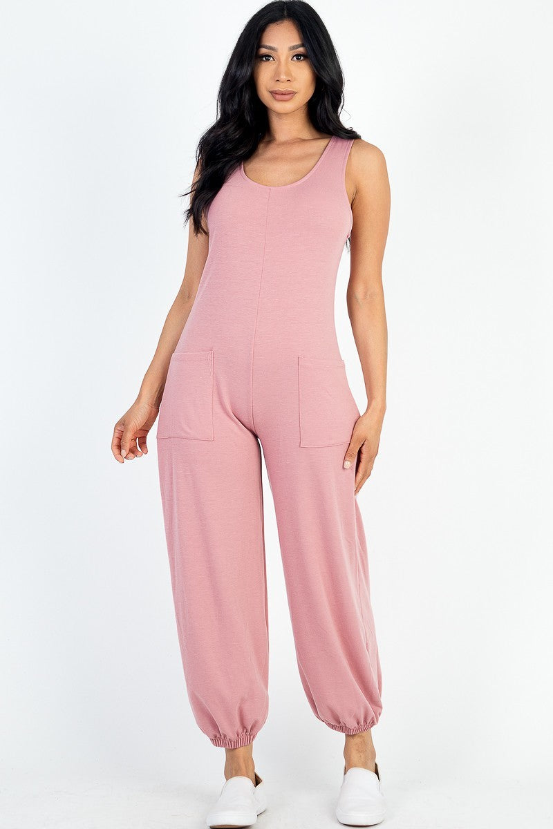 Rosewood - Casual Solid French Terry Sleeveless Scoop Neck Front Pocket Jumpsuit - womens jumpsuit at TFC&H Co.