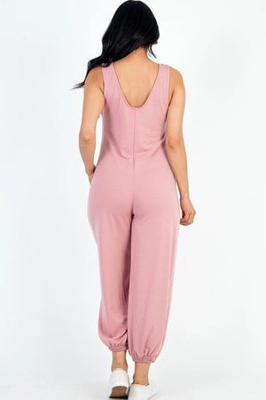 - Casual Solid French Terry Sleeveless Scoop Neck Front Pocket Jumpsuit - womens jumpsuit at TFC&H Co.
