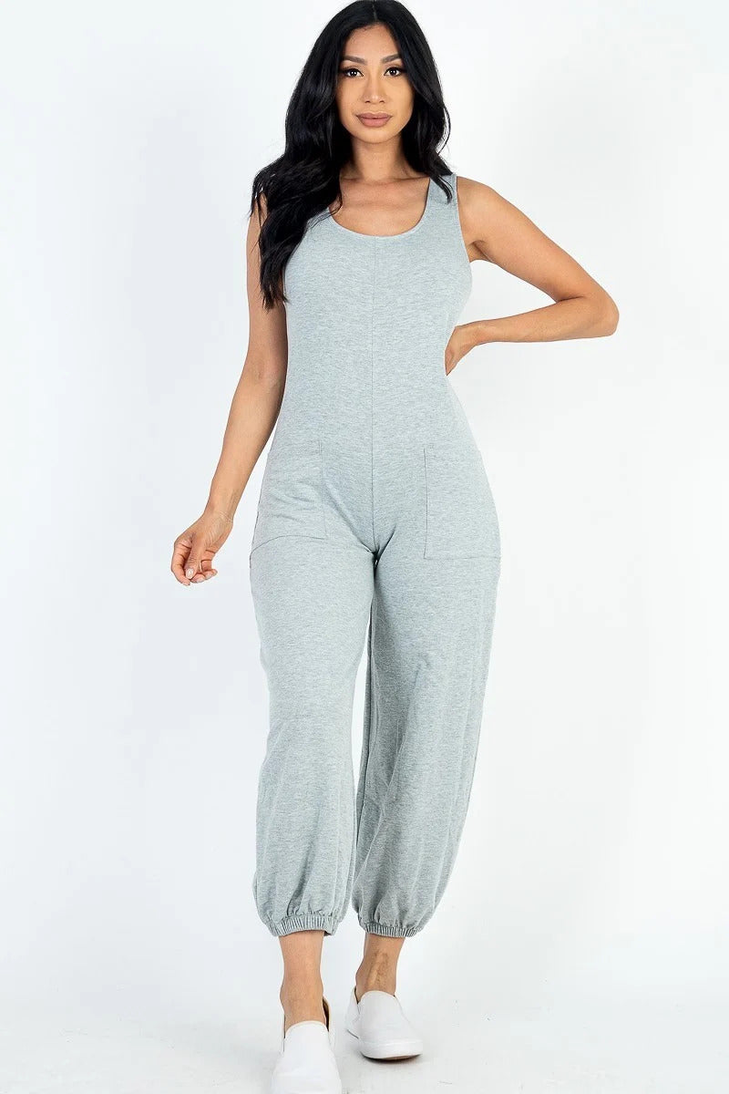 Heather Grey - Casual Solid French Terry Sleeveless Scoop Neck Front Pocket Jumpsuit - womens jumpsuit at TFC&H Co.