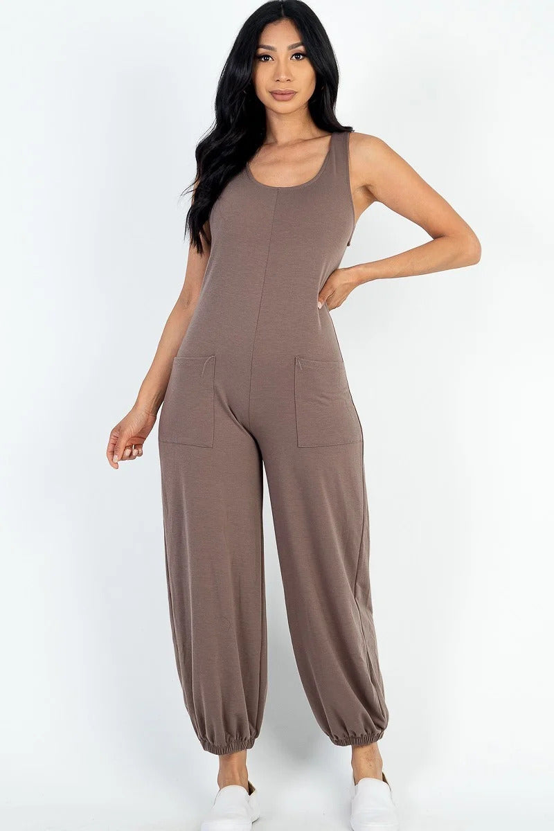 Taupe - Casual Solid French Terry Sleeveless Scoop Neck Front Pocket Jumpsuit - womens jumpsuit at TFC&H Co.