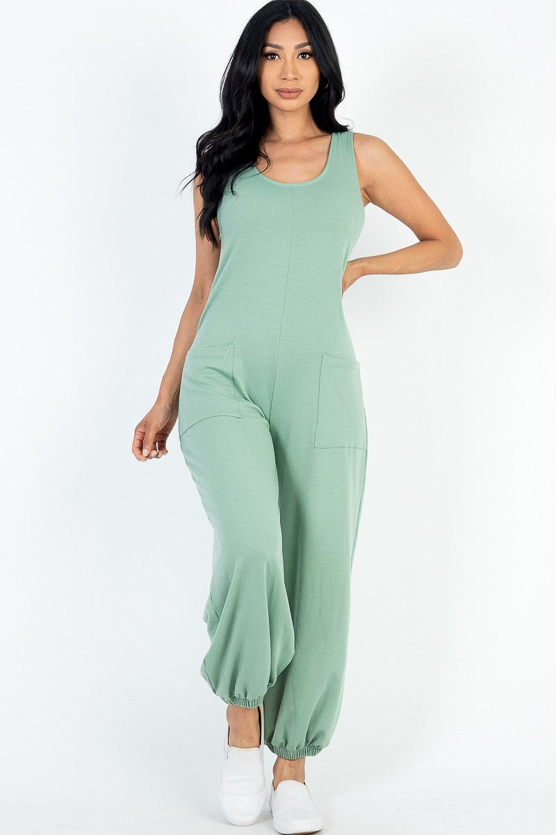 Green Bay - Casual Solid French Terry Sleeveless Scoop Neck Front Pocket Jumpsuit - womens jumpsuit at TFC&H Co.