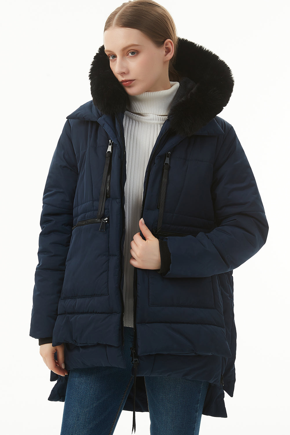 Navy Blue 100%Polyester - Wisteria Plush Linen Zip Up Hooded Puffer Coat - 7 colors - womens coat at TFC&H Co.