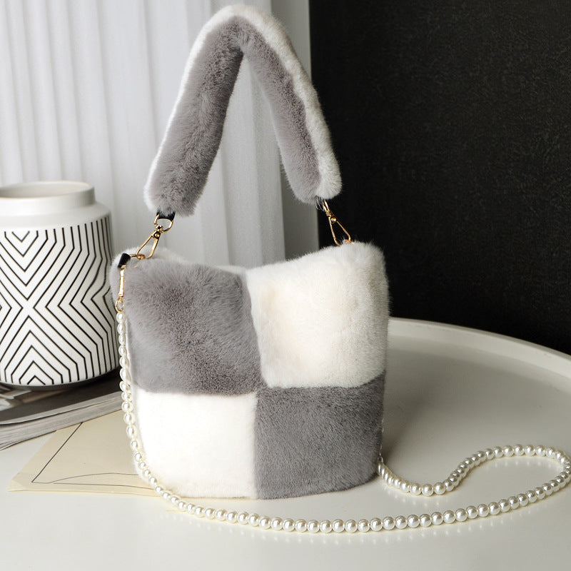 Grey Color Match - Checkerboard Plush Bucket Bag With Pearl Chain - handbags at TFC&H Co.