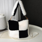 Black White - Checkerboard Plush Bucket Bag With Pearl Chain - handbags at TFC&H Co.