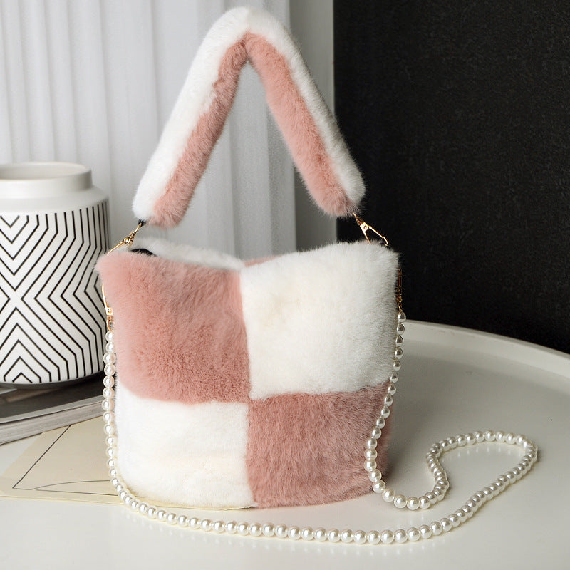 Pink White - Checkerboard Plush Bucket Bag With Pearl Chain - handbags at TFC&H Co.