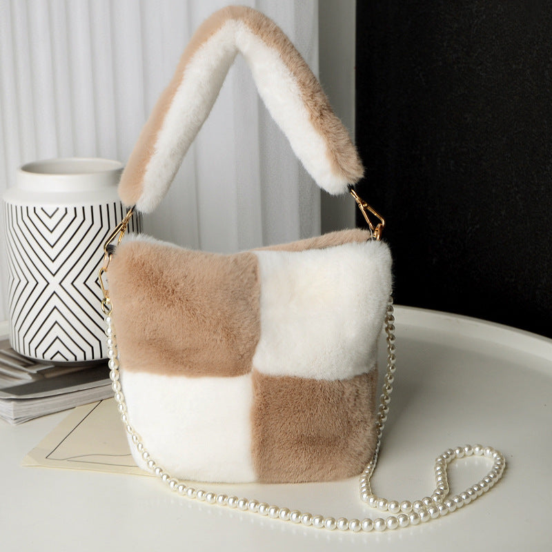 Khaki Color Match - Checkerboard Plush Bucket Bag With Pearl Chain - handbags at TFC&H Co.