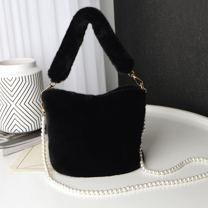 Black - Checkerboard Plush Bucket Bag With Pearl Chain - handbags at TFC&H Co.