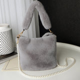 Grey - Checkerboard Plush Bucket Bag With Pearl Chain - handbags at TFC&H Co.