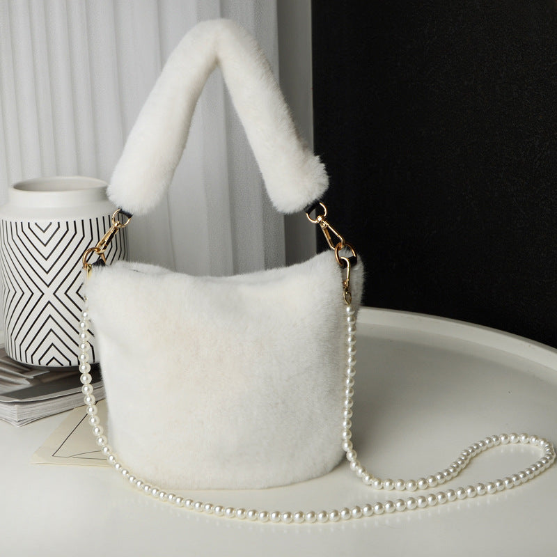 White - Checkerboard Plush Bucket Bag With Pearl Chain - handbags at TFC&H Co.