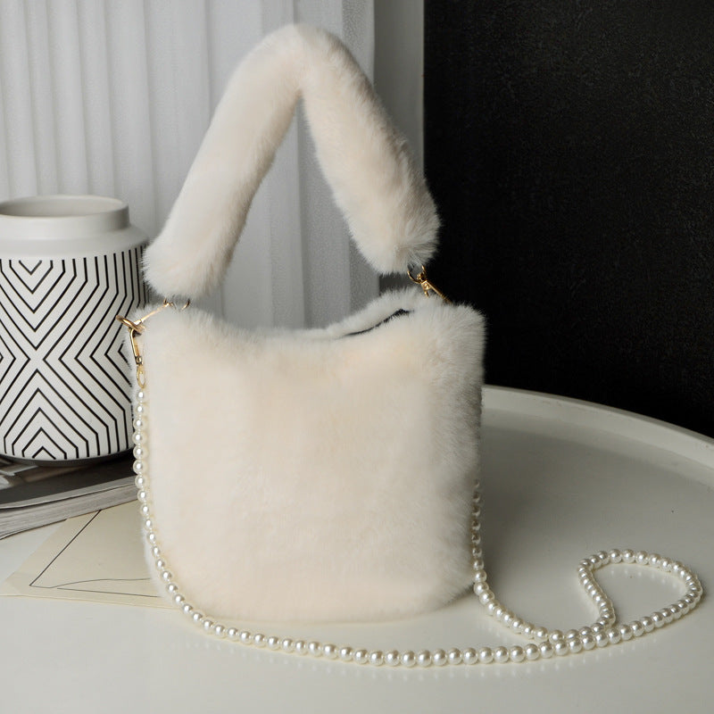 Beige - Checkerboard Plush Bucket Bag With Pearl Chain - handbags at TFC&H Co.