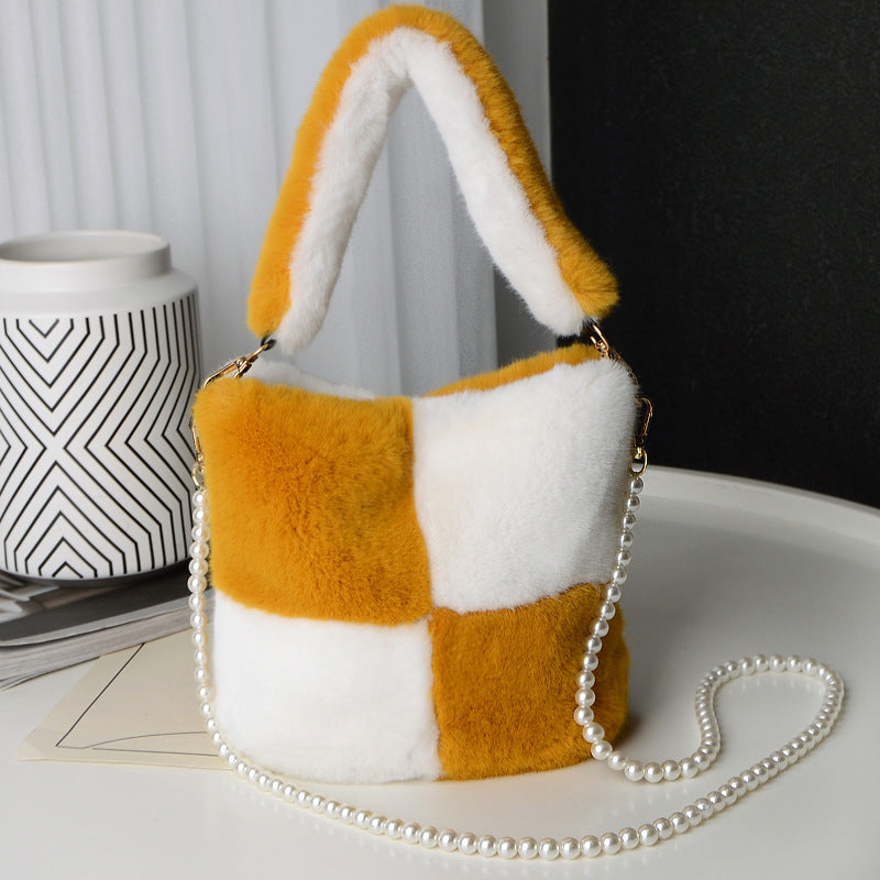 Yellow Color Match - Checkerboard Plush Bucket Bag With Pearl Chain - handbags at TFC&H Co.