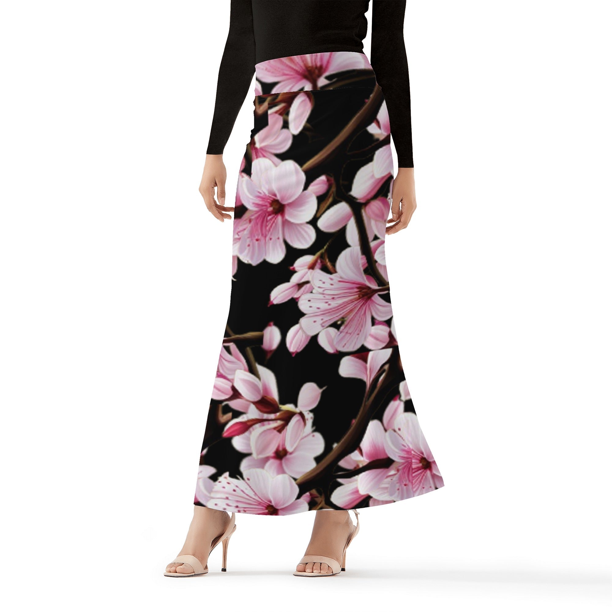 1 - Black - Cherry Blossom Womens Full Length Skirt - 3 colors - womens skirt at TFC&H Co.