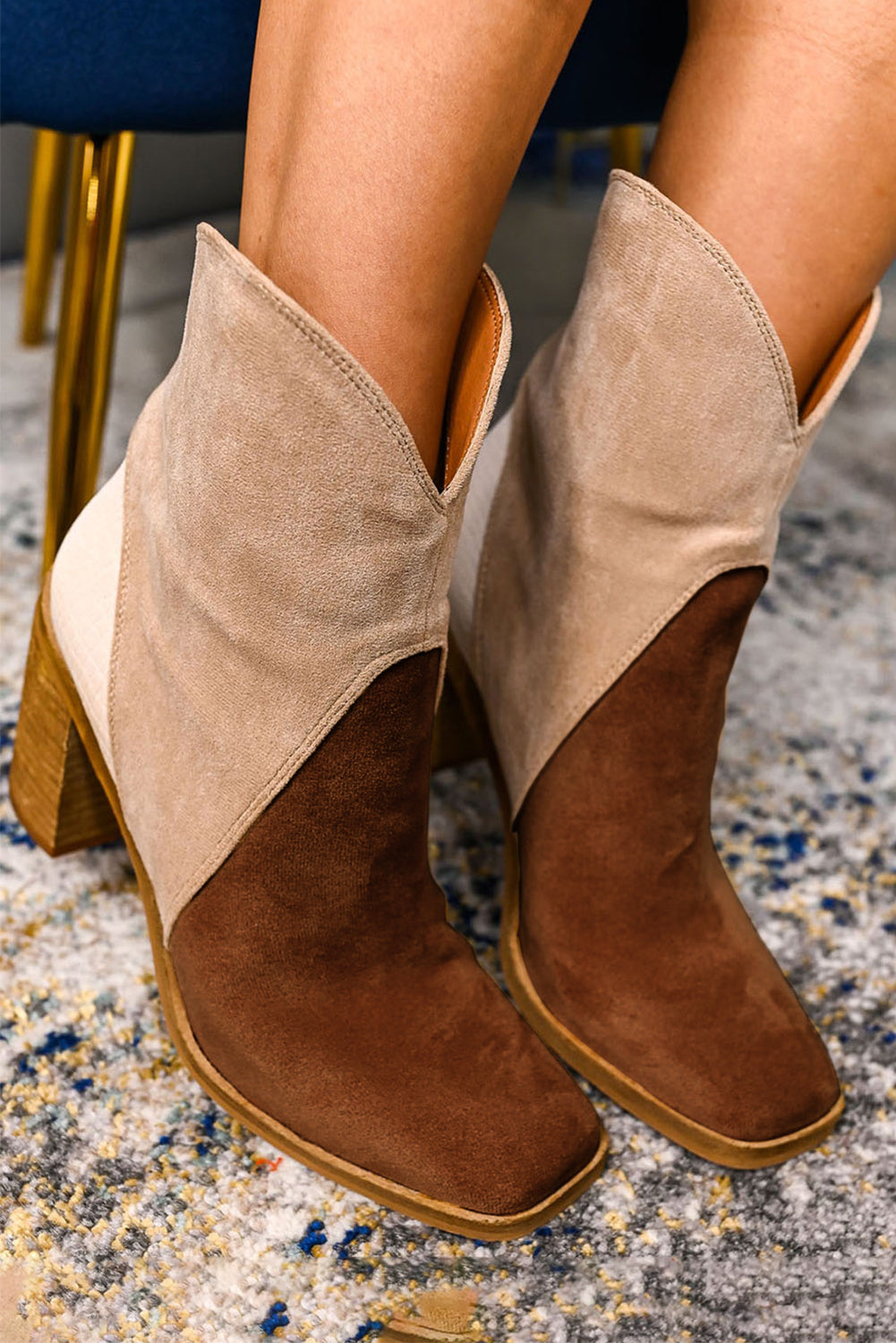 Chestnut 37 (6) 100%Polyester+100%TPR - Colorblock Suede Heeled Ankle Booties - womens boots at TFC&H Co.